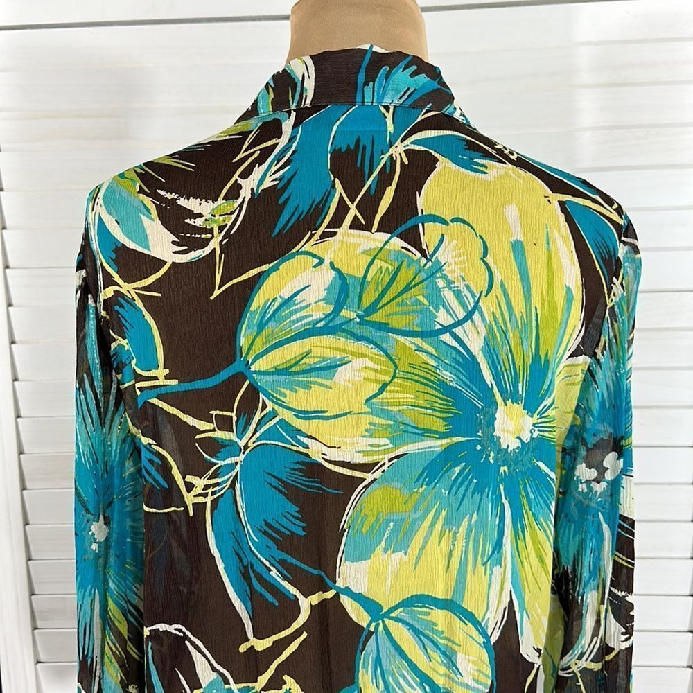 Chico's Silk Tropical Brown & Blue Floral Tunic Top Size 2 (12) LIKE NEW - Picture 9 of 14
